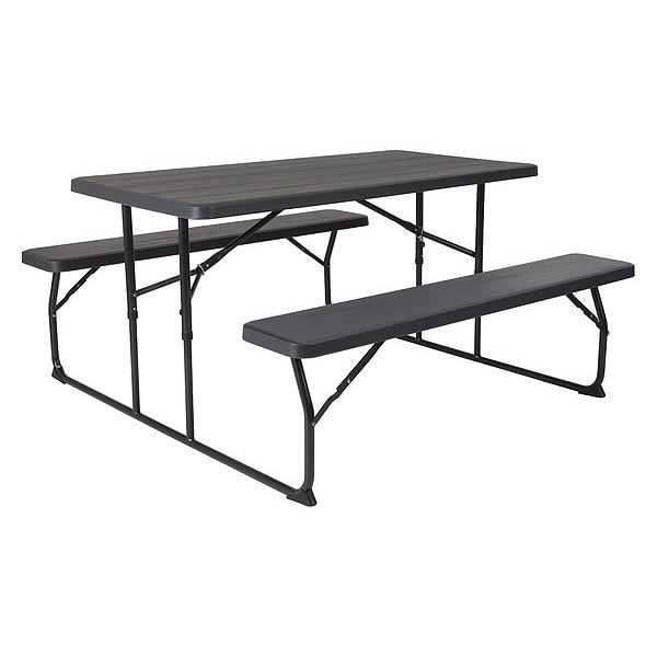 Insta-Fold Charcoal Wood Grain Folding Picnic Table and Benches - 4.5 Foot Folding Table