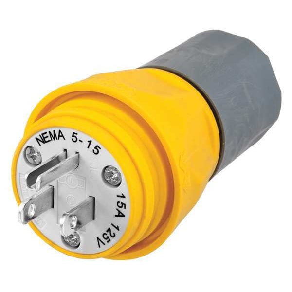 Watertight Straight Blade Plug, NEMA 5-15P, 15 A, 125V AC, 2 Poles, 3 Blades, Yellow
