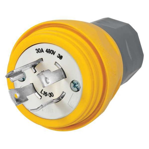 Watertight Locking Plug, NEMA L16-30P, 30 A, 480V AC, 3 Poles, 4 Blades, Yellow
