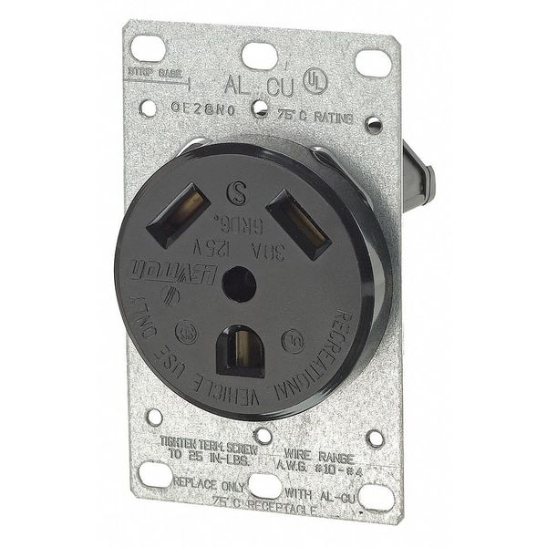 Receptacle, 30 A Amps, 125VAC, Flush Mount, Single Outlet, TT-30R, Black