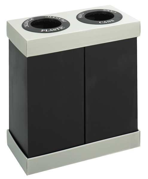 56 gal Rectangular Recycling Bin, Open Top, Black, Polyethylene, 2 Openings