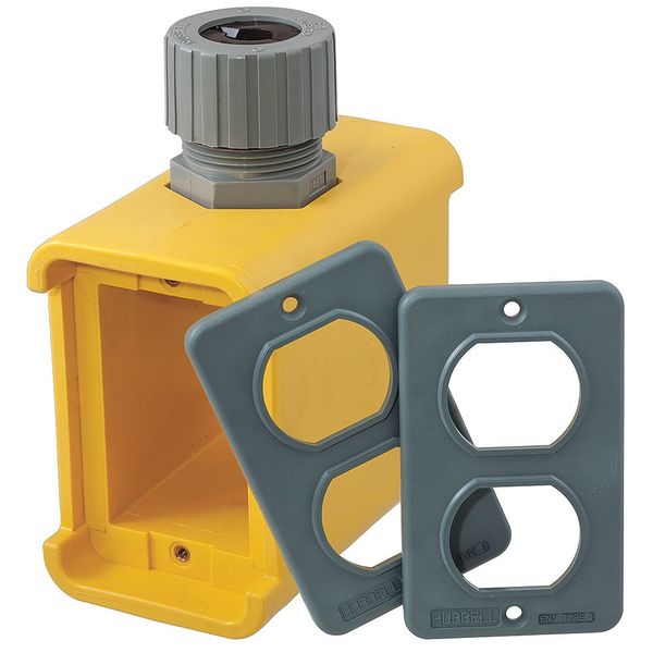 Portable Outlet Box, 2 Gangs, 1 in Hub Size, 2 Inlets, 5 in L, 2.77 in W, Thermoplastic, Yellow