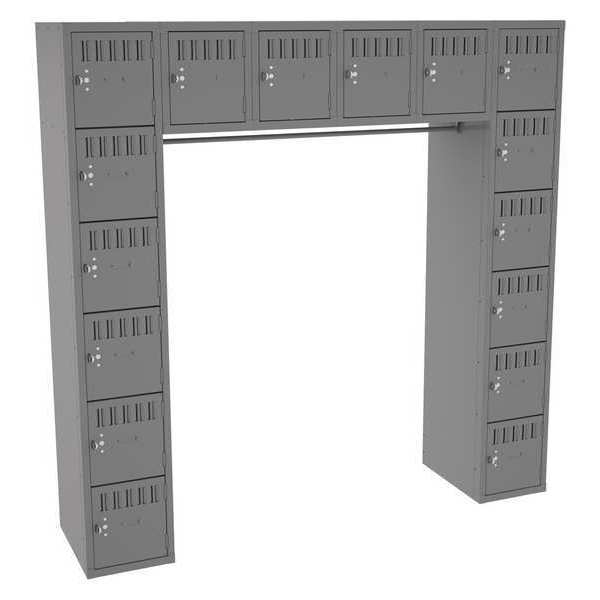 Box Locker Unit with Coat Rod, 72 in W, 18 in D, 72 in H, (6) Tier, (6) Wide, Medium Gray