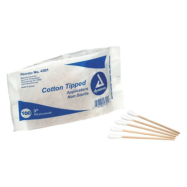 Cotton Tip Swab, Non-Sterile, 3In., PK100, Length: 3 in