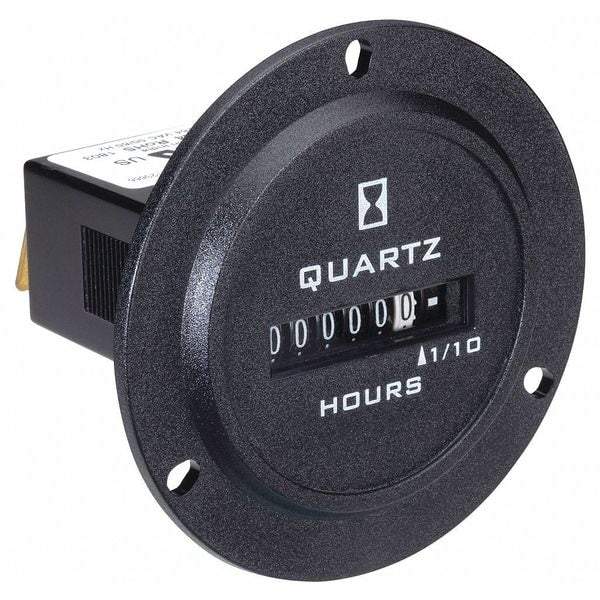 Hour Meter, Round, Electromechanical, Non Resettable, Hours/Tenths, 120 to 240V AC, 6 Digits, Black
