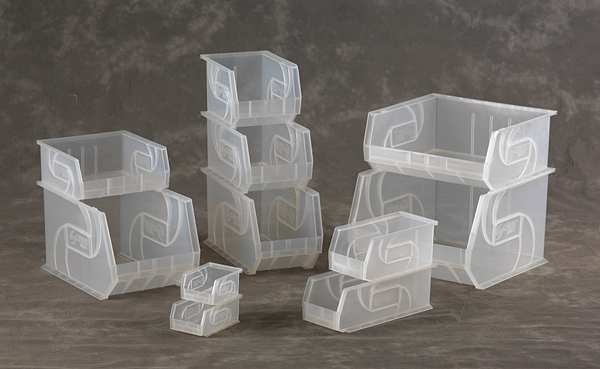 Hang & Stack Storage Bin, Clear, Plastic, 7 3/8 in L x 4 1/8 in W x 3 in H, 25 lb Load Capacity