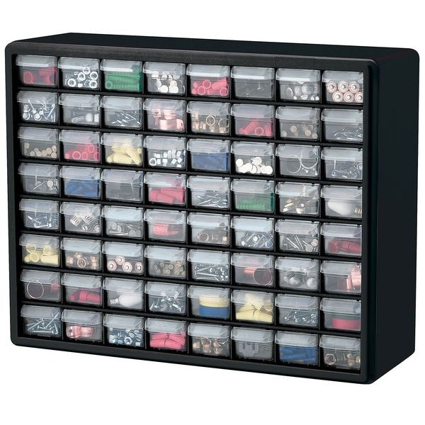 Drawer Bin Cabinet with 64 Drawers, Plastic, 20 in W x 15 3/4 in H x 6 1/2 in D
