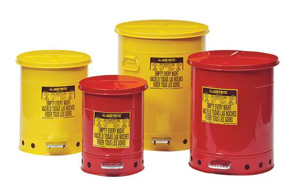 Oily Waste Can, 14 Gallon Capacity, Galvanized Steel, Red, Foot Operated Self Closing