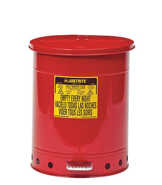 Oily Waste Can, 14 Gallon Capacity, Galvanized Steel, Red, Foot Operated Self Closing