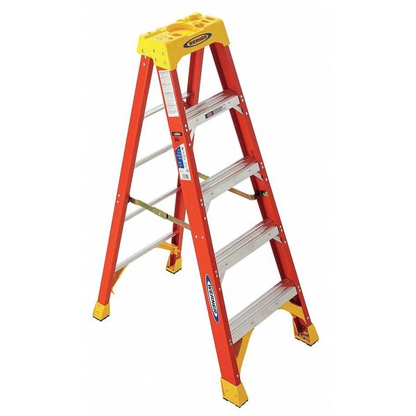 Fiberglass Stepladder, 5 ft Ladder Ht, 4 Steps, 300 lb, 35 1/8 in Base Spread, 21 5/8 in Bottom W