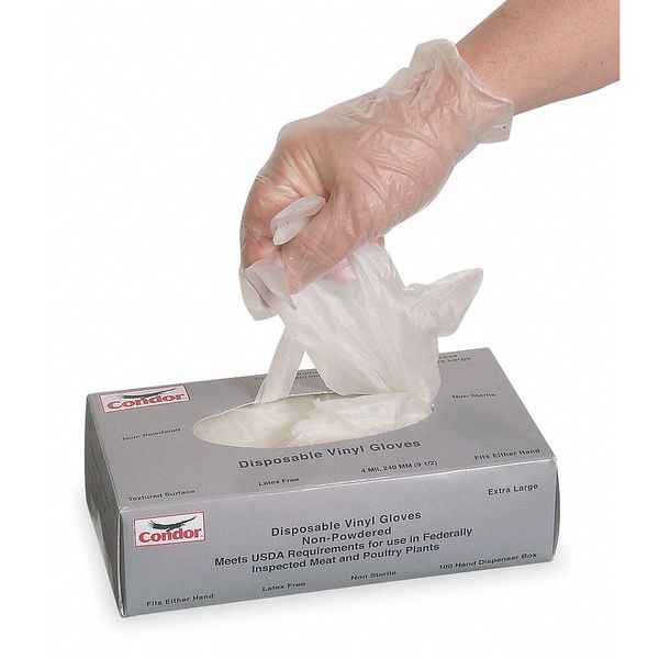 Disposable Gloves, Vinyl, Powder Free, Clear, L, 100 PK