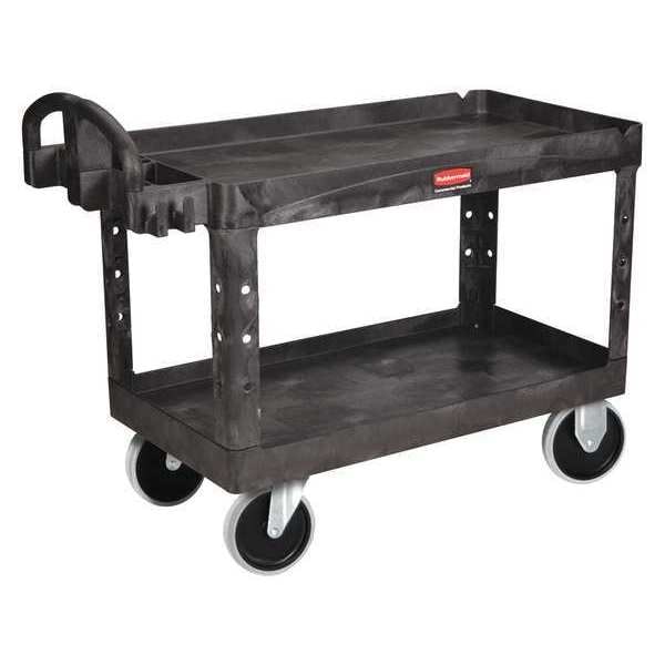 Plastic Utility Cart with Deep Lipped Plastic Shelves, Ergonomic, 2 Shelves, 750 lb