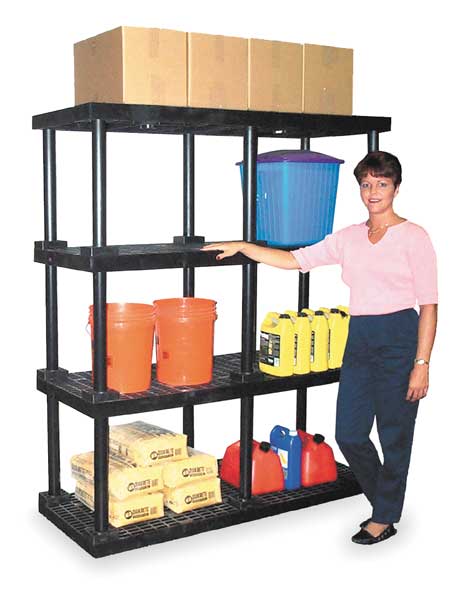 Freestanding Plastic Shelving Unit, Open Style, 24 in D, 66 in W, 75 in H, 4 Shelves, Black