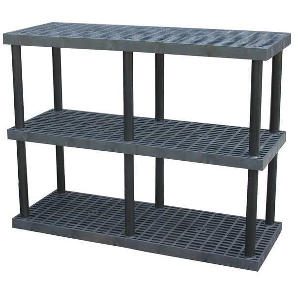 Freestanding Plastic Shelving Unit, Open Style, 24 in D, 66 in W, 51 in H, 3 Shelves, Black
