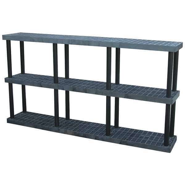 Freestanding Plastic Shelving Unit, Open Style, 16 in D, 96 in W, 51 in H, 3 Shelves, Black