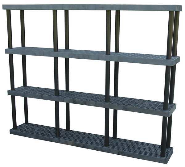 Freestanding Plastic Shelving Unit, Open Style, 16 in D, 96 in W, 75 in H, 4 Shelves, Black