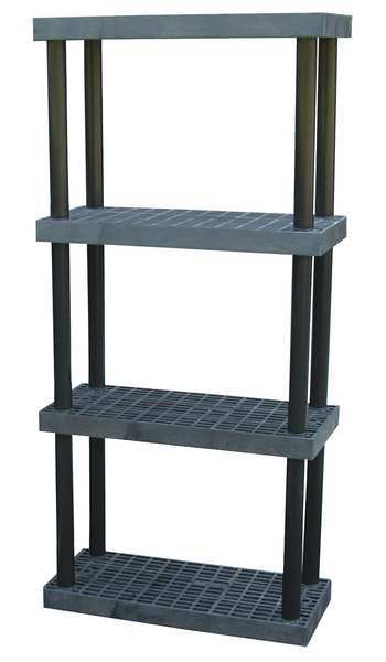 Freestanding Plastic Shelving Unit, Open Style, 16 in D, 36 in W, 75 in H, 4 Shelves, Black
