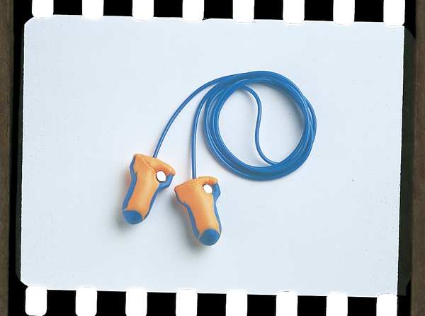 LaserTrak Disposable Corded Earplugs, Metal-Detectable, Contoured-T, Blue/Orange, 33 dB, 100 Pairs