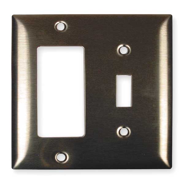 Toggle Switch/Rocker Wall Plates and Box Cover, Number of Gangs: 2 Stainless Steel, Brushed Finish