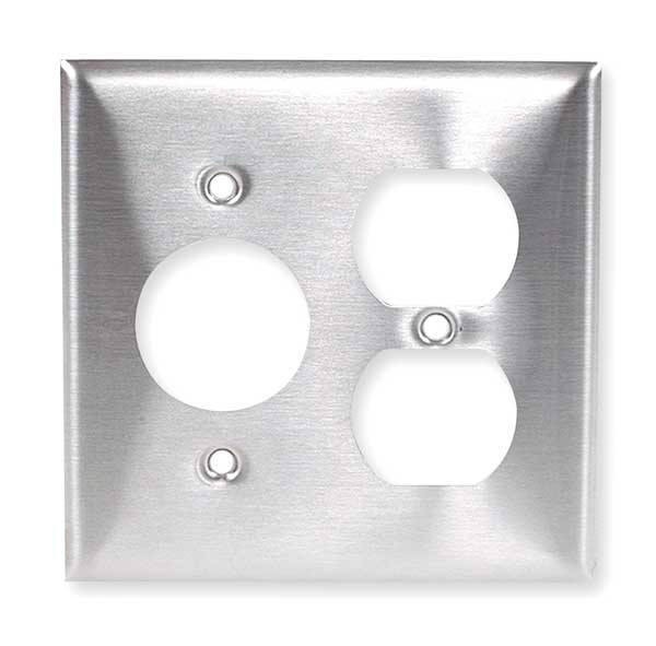 Single/Duplex Receptacle Wall Plates and Box Cover, Number of Gangs: 2 Stainless Steel, Silver
