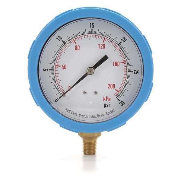 Pressure Gauge, 0 to 30 psi, 1/4 in MNPT, Plastic, Blue