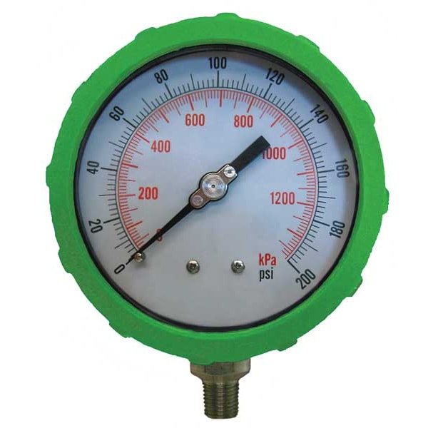 Pressure Gauge, 0 to 200 psi, 1/4 in MNPT, Plastic, Green