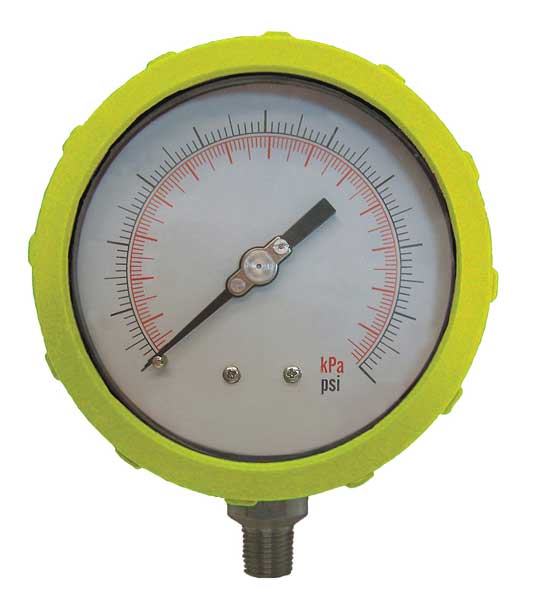 Pressure Gauge, 0 to 100 psi, 1/4 in MNPT, Plastic, Yellow