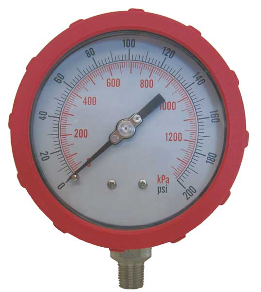 Pressure Gauge, 0 to 200 psi, 1/4 in MNPT, Plastic, Red