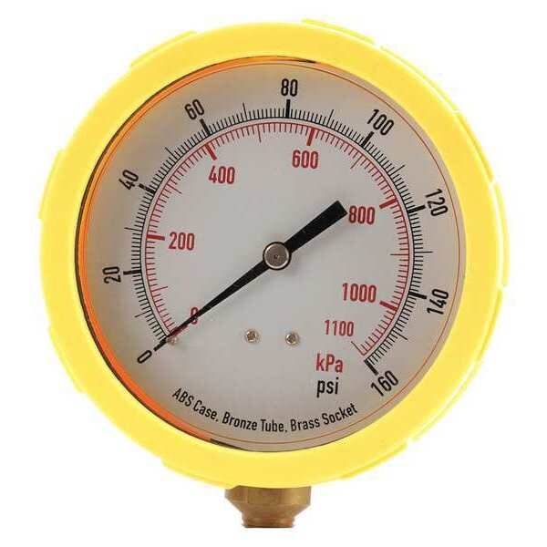 Pressure Gauge, 0 to 160 psi, 1/4 in MNPT, Plastic, Yellow