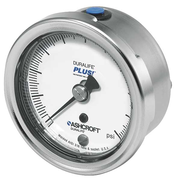 Pressure Gauge, 0 to 15 psi, 1/4 in MNPT, Stainless Steel, Silver