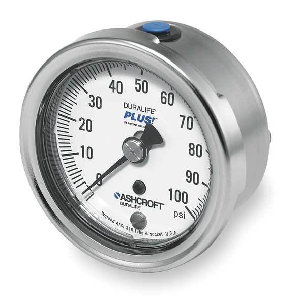 Pressure Gauge, 0 to 100 psi, 1/4 in MNPT, Stainless Steel, Silver