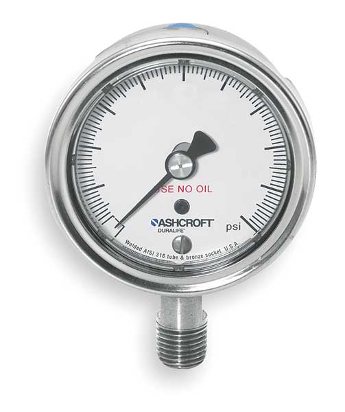 Pressure Gauge, 0 to 200 psi, 1/4 in MNPT, Stainless Steel, Silver
