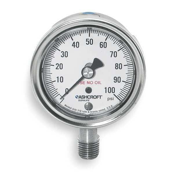 Pressure Gauge, 0 to 100 psi, 1/4 in MNPT, Stainless Steel, Silver