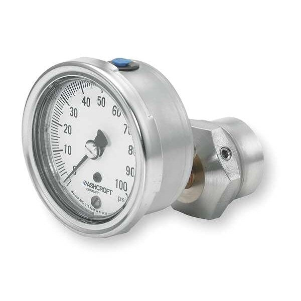 Pressure Gauge, 0 to 100 psi, 1/4 in MNPT, Stainless Steel, Silver