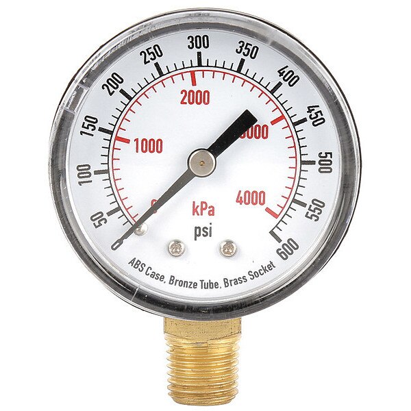 Pressure Gauge, 0 to 600 psi, 1/4 in BSPT, Plastic, Black
