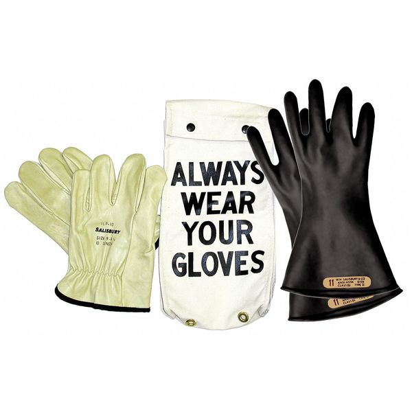 Electrical Rubber Glove Kit, Leather Protectors, Glove Bag, Black, 11 in, Class 0, Size 8, 1 Pair
