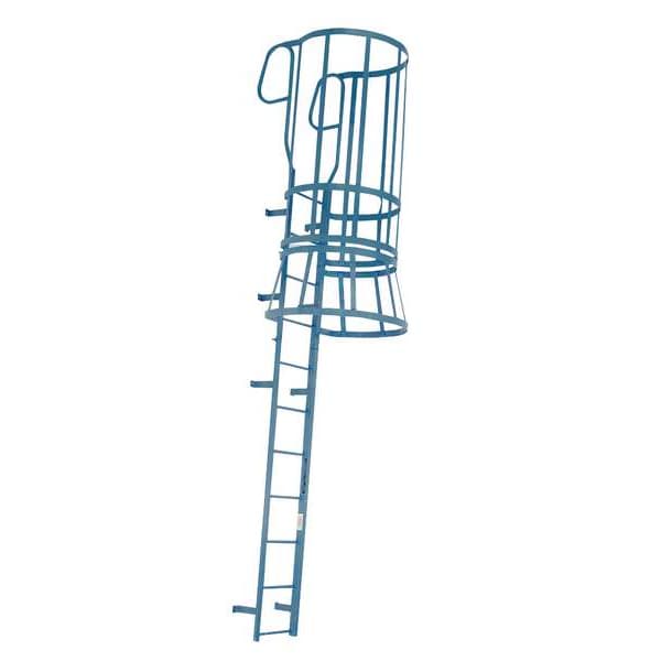 24 ft 8 in Fixed Ladder with Safety Cage, Steel, 22 Steps, Forward Exit, Powder Coated Finish
