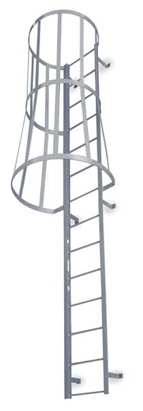 12 ft 3 in Fixed Ladder with Safety Cage, Steel, 13 Steps, Top Exit, Powder Coated Finish