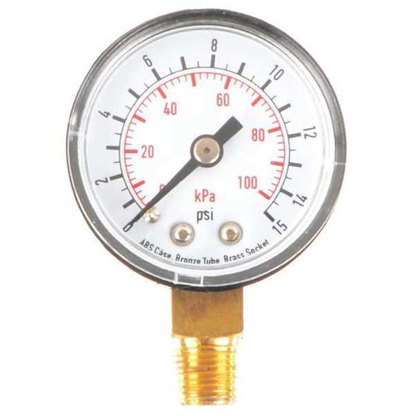 Pressure Gauge, 0 to 15 psi, 1/8 in MNPT, Plastic, Black
