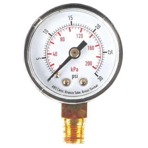 Pressure Gauge, 0 to 30 psi, 1/8 in MNPT, Plastic, Black