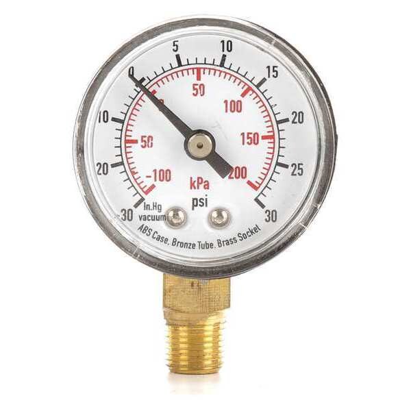 Compound Gauge, -30 to 0 to 30 in Hg/psi, 1/8 in MNPT, Plastic, Black