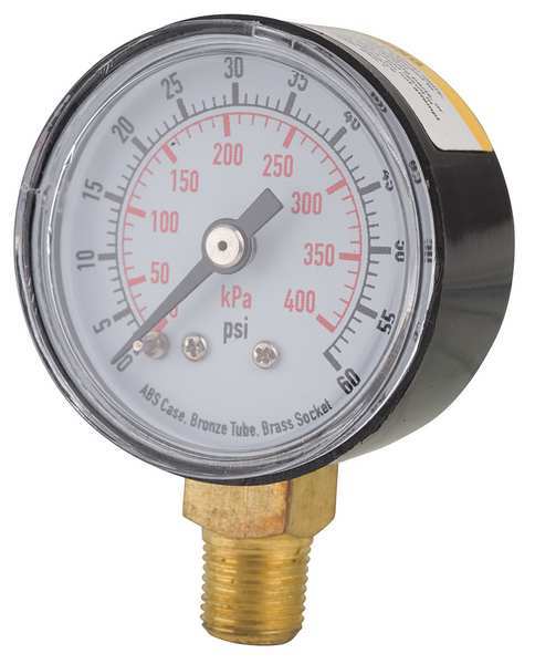Pressure Gauge, 0 to 60 psi, 1/8 in MNPT, Plastic, Black