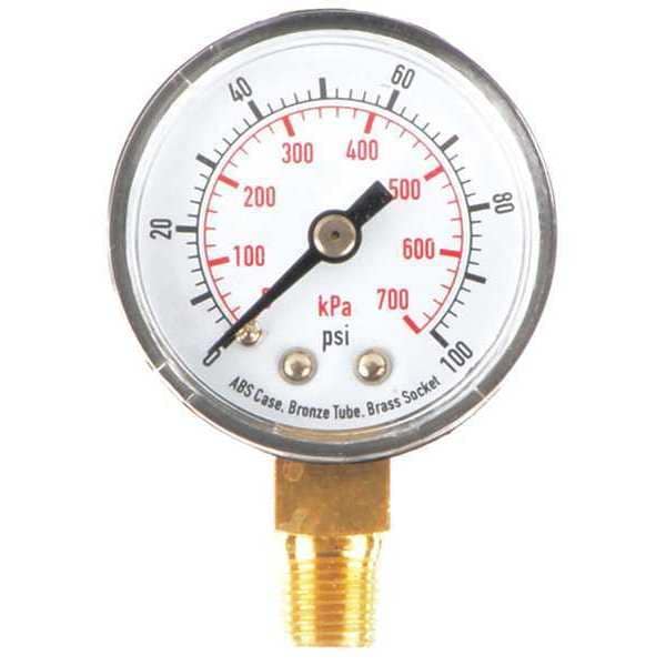Pressure Gauge, 0 to 100 psi, 1/8 in MNPT, Plastic, Black