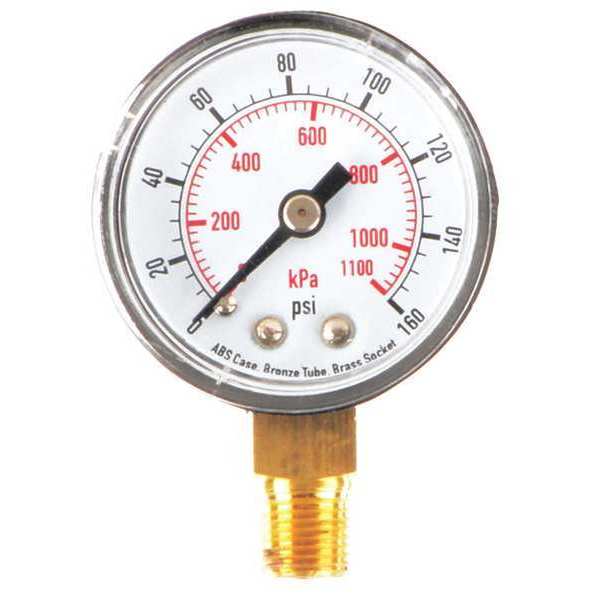 Pressure Gauge, 0 to 160 psi, 1/8 in MNPT, Plastic, Black
