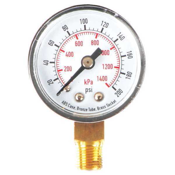 Pressure Gauge, 0 to 200 psi, 1/8 in MNPT, Plastic, Black