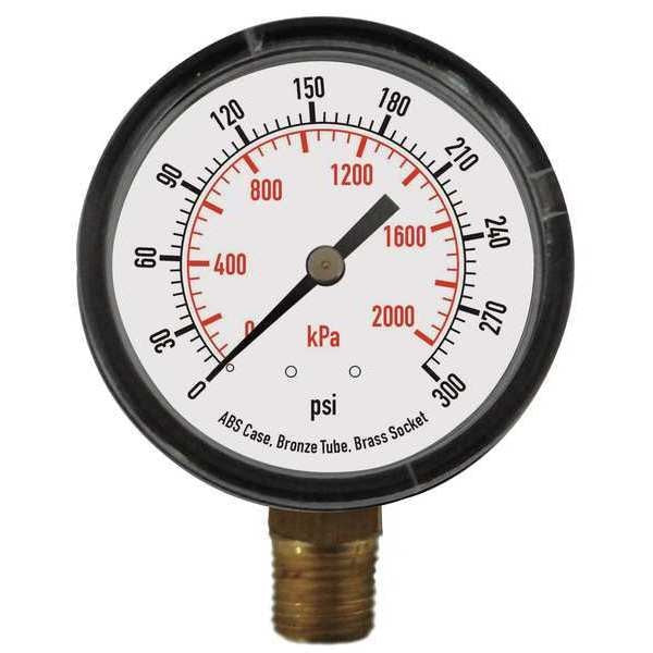 Pressure Gauge, 0 to 300 psi, 1/4 in MNPT, Plastic, Black