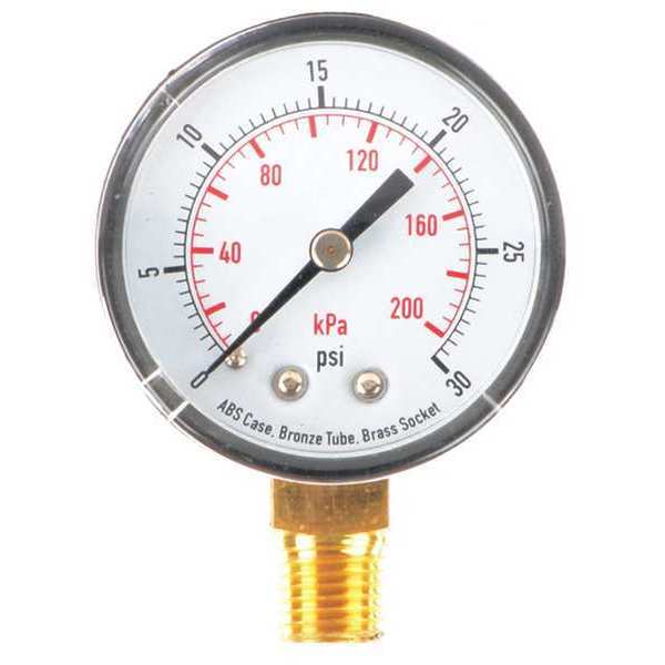 Pressure Gauge, Commercial, 0 to 30 psi, 2 in Dial, 1/4 in MNPT, Plastic, Black