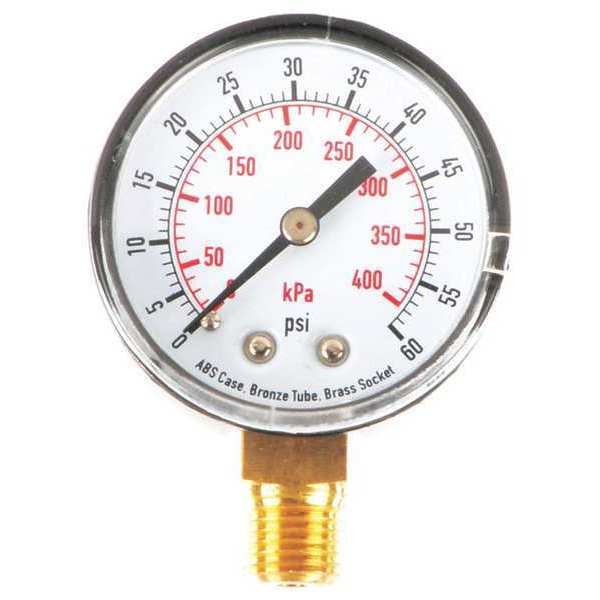 Pressure Gauge, 0 to 60 psi, 1/4 in MNPT, Plastic, Black