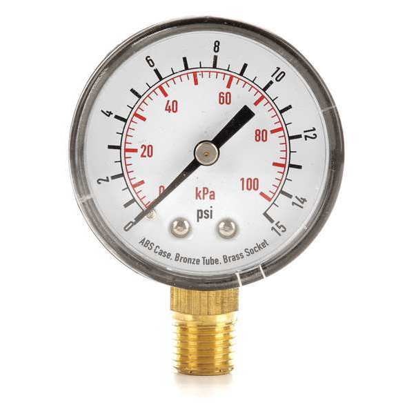 Pressure Gauge, Commercial, 0 to 15 psi, 2 in Dial, 1/4 in MNPT, Plastic, Black