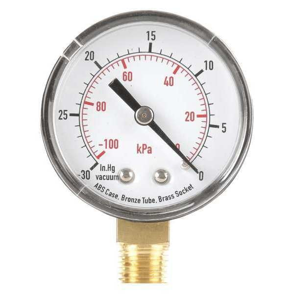 Vacuum Gauge, Commercial, 30 to 0 in Hg, 2 in Dial, 1/4 in NPT Male, Bottom, Plastic